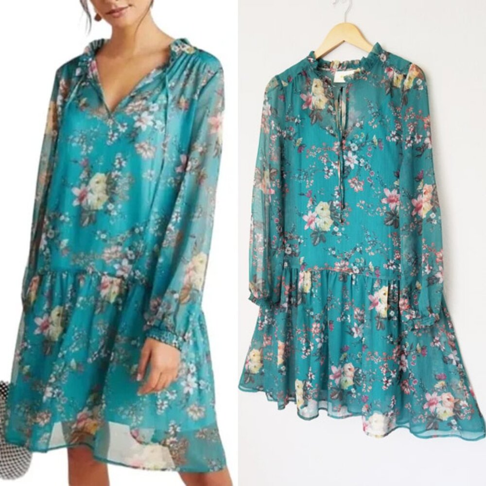 Anthropologie Maeve Emmy Teal Green Floral Tunic Dress S Sheer Chiffon Slip $158